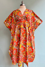 Orange and Olive Mod Floral  Woven Midi Caftan by Blue Platypus