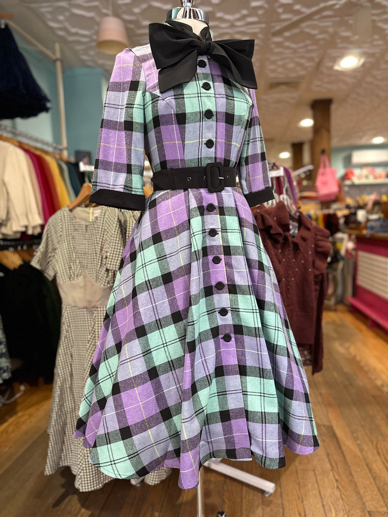 purple check dress Eileen Fisher - Women's Organic Cotton Pucker Check Mock Neck Dress - Purple
