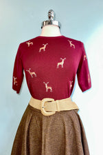 Burgundy Embroidered Deer Short Sleeve Sweater by Banned