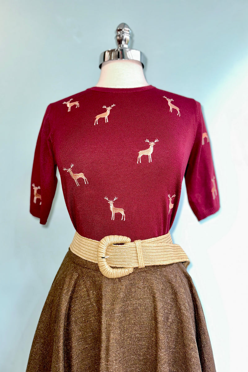 Burgundy Embroidered Deer Short Sleeve Sweater by Banned