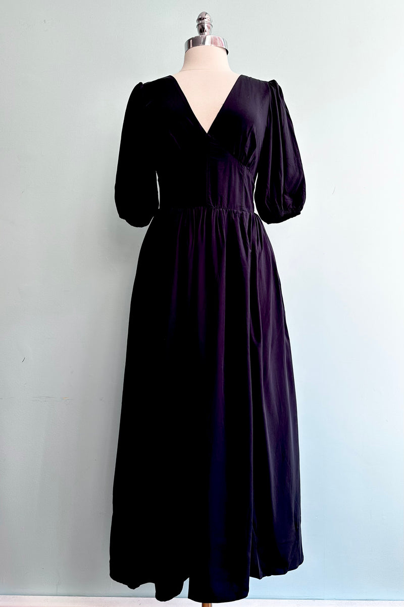 Dark Navy Puff Sleeve Smocked Midi Dress by Molly Bracken