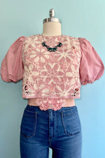 Pink Crocheted Bodice Balloon Sleeve Top