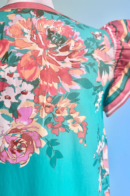 Turquoise and Orange Ruffle Sleeve Top