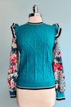 Turquoise Cable Knit Sweater Vest with Floral Sleeves