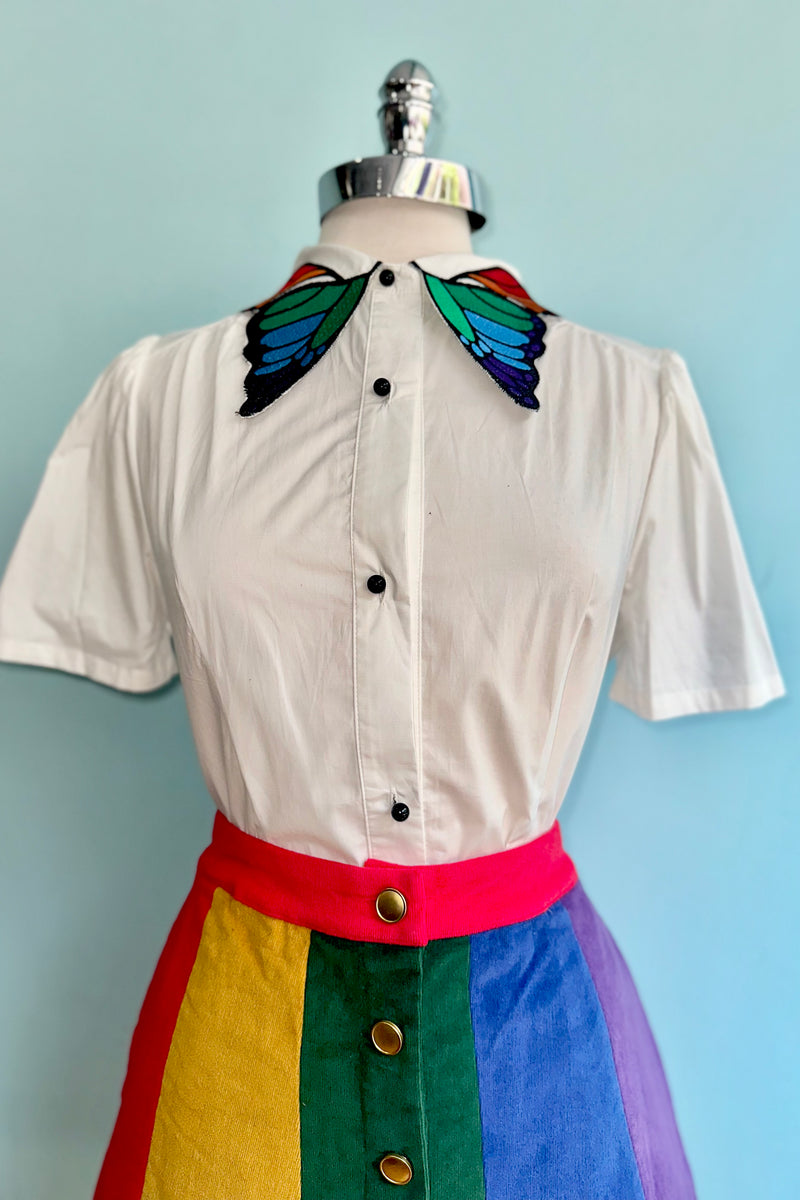 Rainbow Butterfly Collar Button Down Blouse