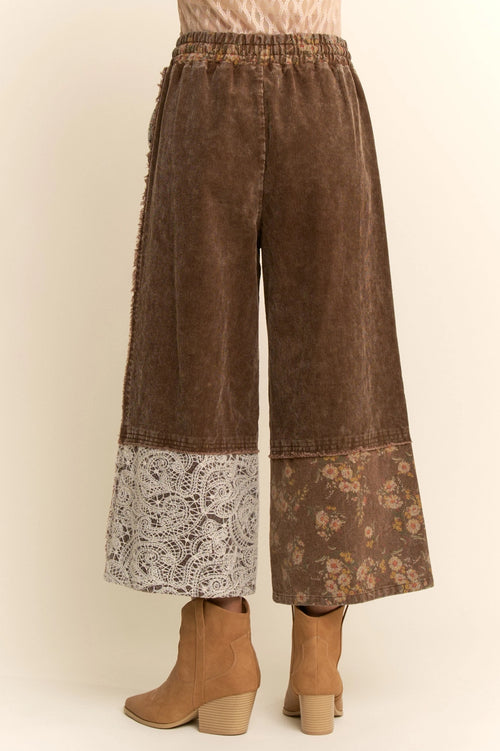 Brown and Flower Corduroy Cropped Pants