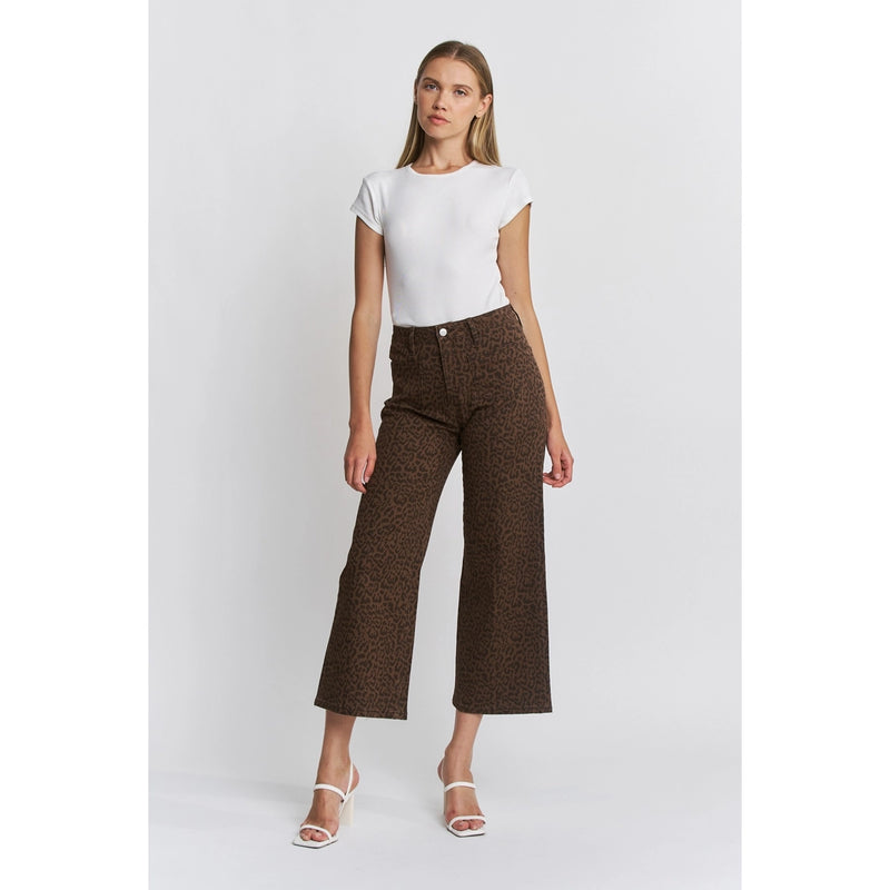 Patch Pocket Cropped Wide Leg Leopard Jeans by Mica Denim