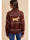Dachshund Zip Front Cardigan in Mocha
