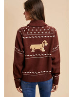 Dachshund Zip Front Cardigan in Mocha