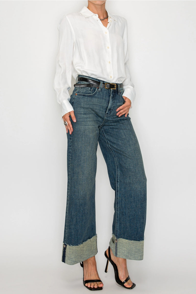 Cuffed Wide Leg Tummy Control High Rise Jeans by Artemis Vintage