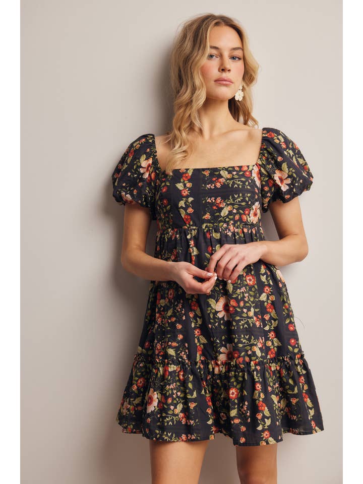 Black Floral Puff Sleeve Mini Dress – Modern Millie