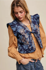 Floral Denim Quilted Tie Front Vest