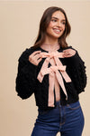 Black Pom Pom Cardigan with Pink Velvet Bows