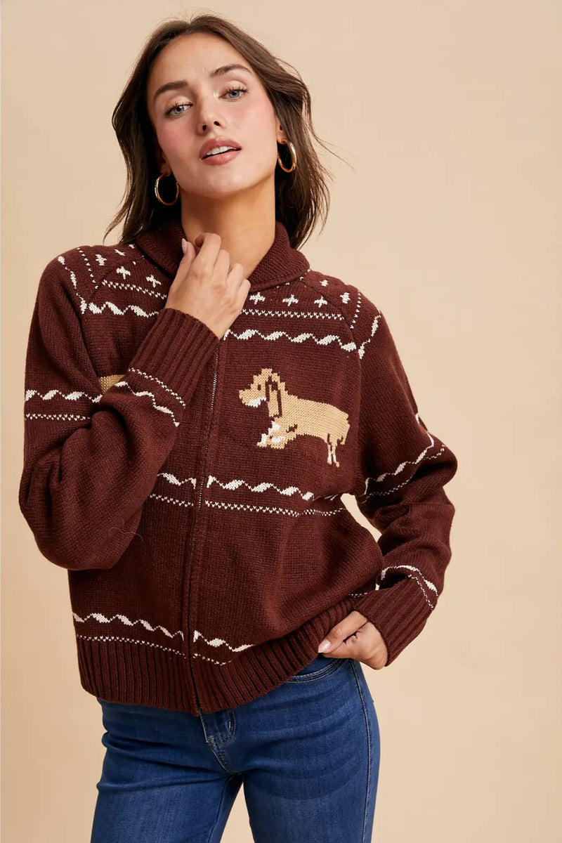 Dachshund Zip Front Cardigan in Mocha