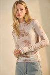 Ivory Floral Mesh Long Sleeve Mock Neck Sheer Top