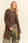 Brown Long Boucle Belted Open Cardigan