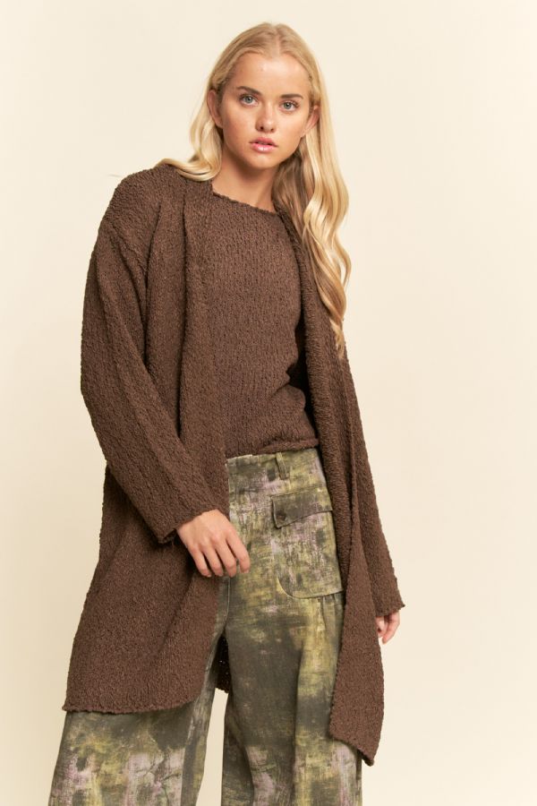 Brown Long Boucle Belted Open Cardigan