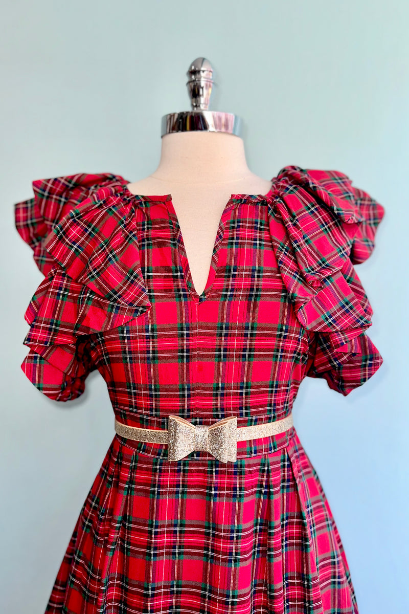 Red Plaid Ruffle Sleeve Wilma Mini Dress