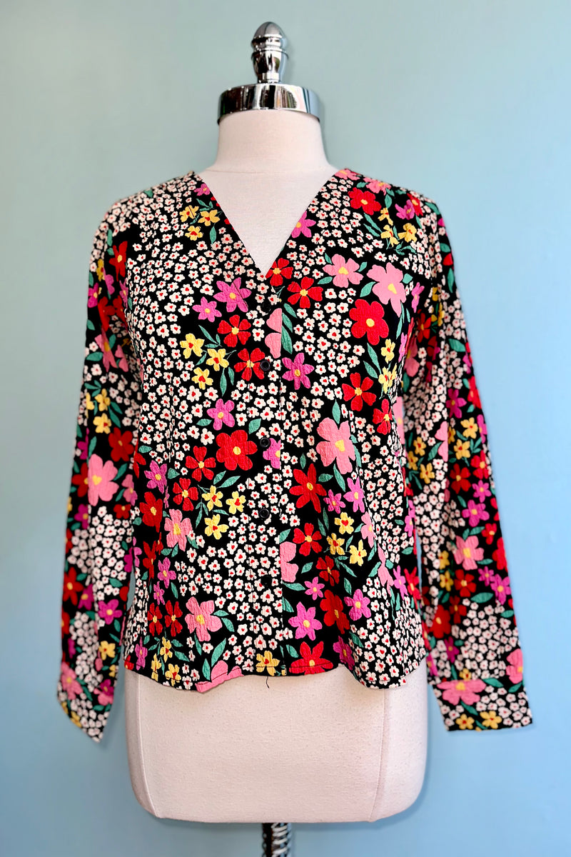 Crinkle Floral Button Down Top in Black by Compania Fantastica