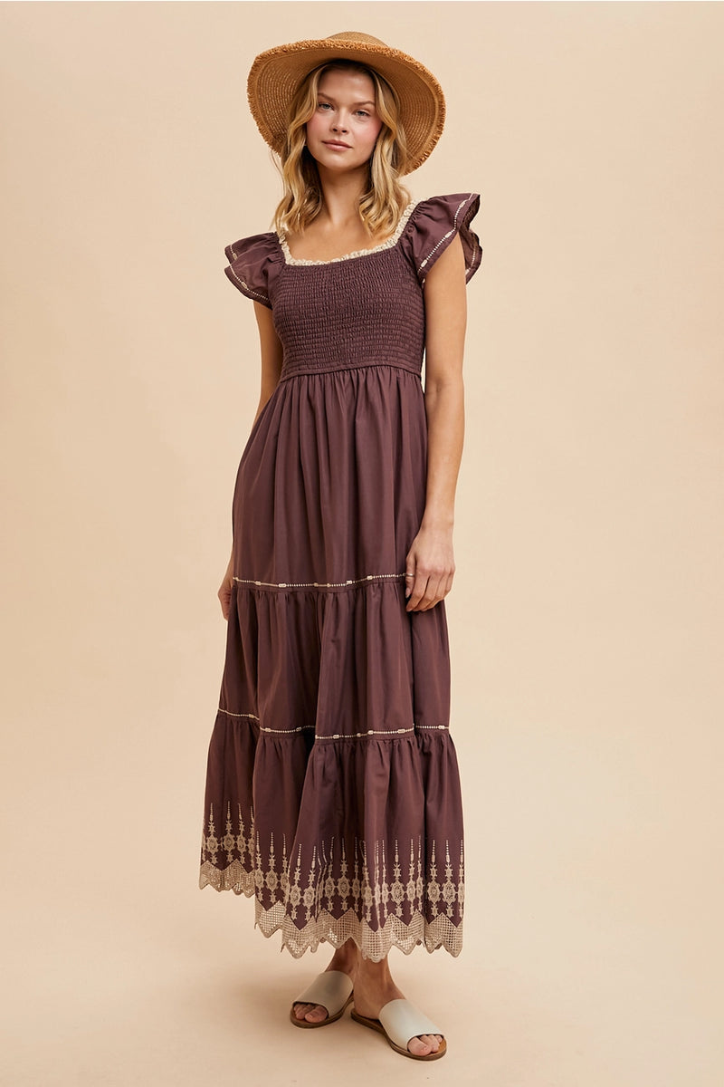 Flutter Sleeve Brown Smocked and Embroidered Maxi Dress