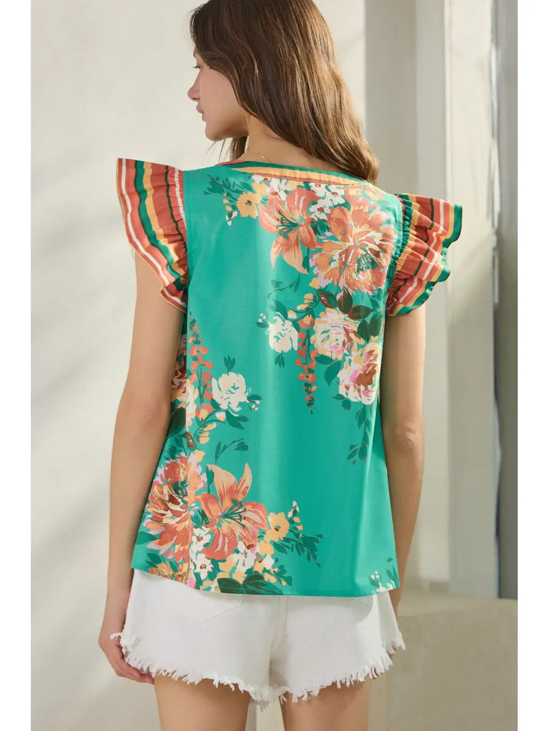 Turquoise and Orange Ruffle Sleeve Top