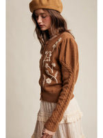 Puff Sleeve Embroidered Floral Cardigan in Tiramisu