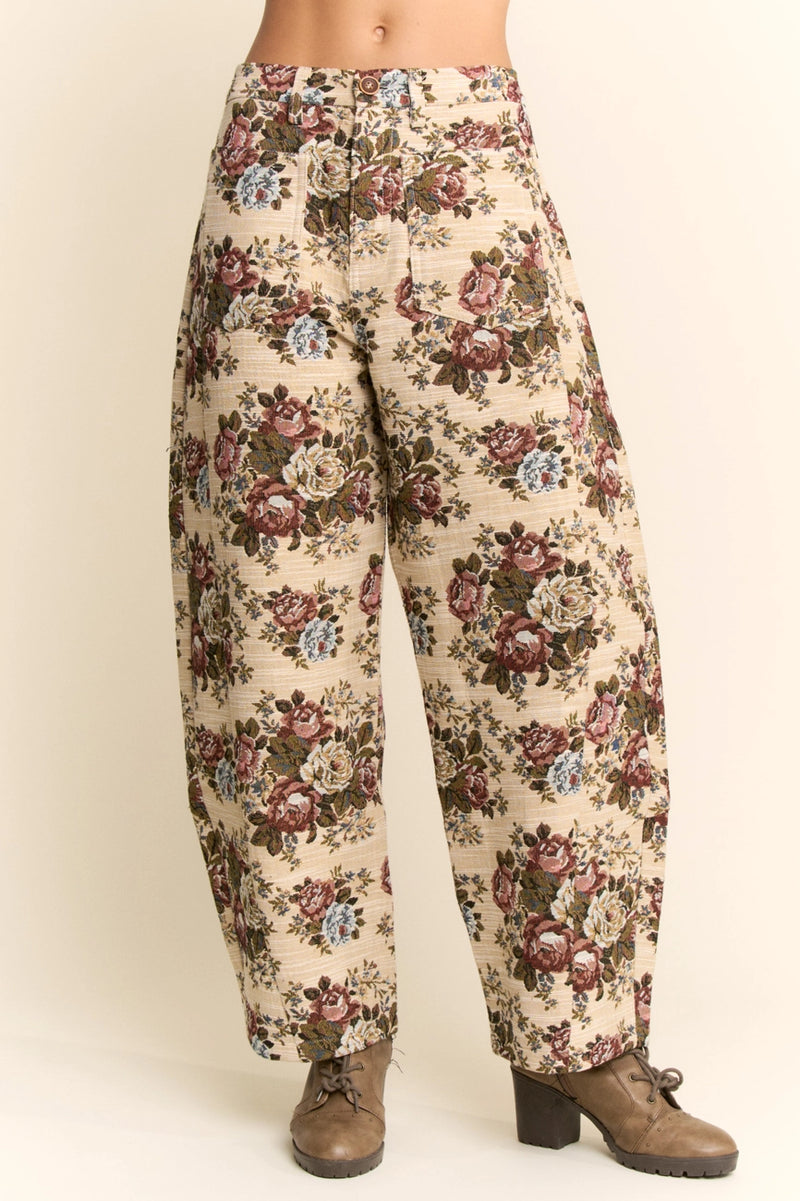 Beige Floral Bouquet Tapestry Barrel Leg Cropped Pants – Modern Millie