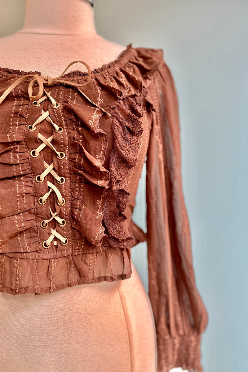 Lace Up Smocked Top in Mocha