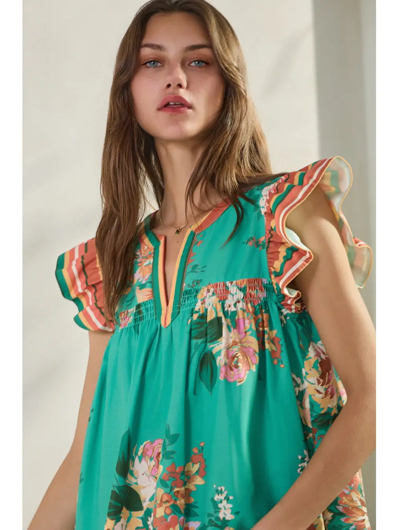 Turquoise and Orange Ruffle Sleeve Top
