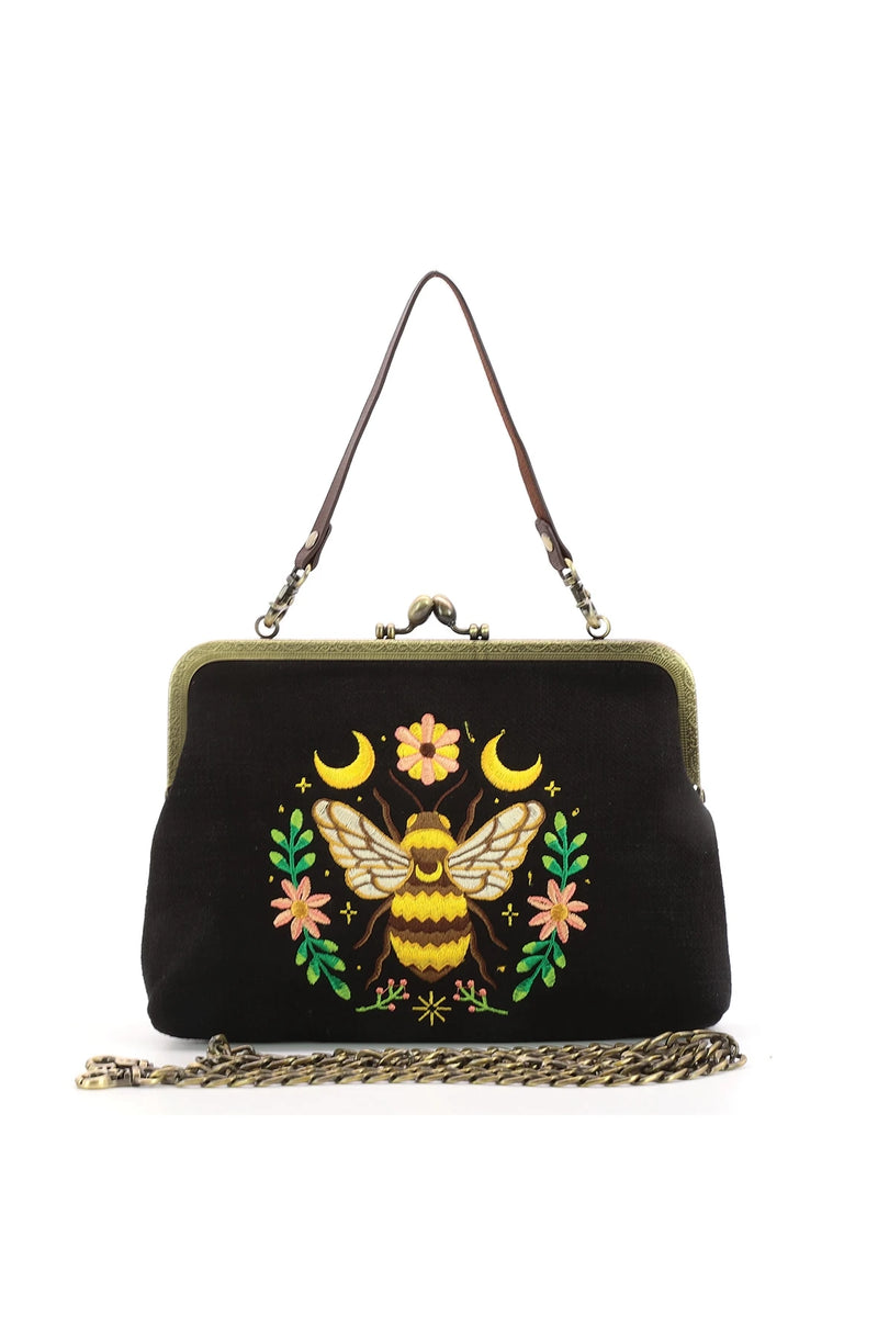 Floral and Moon Bee in Black Kisslock Bag