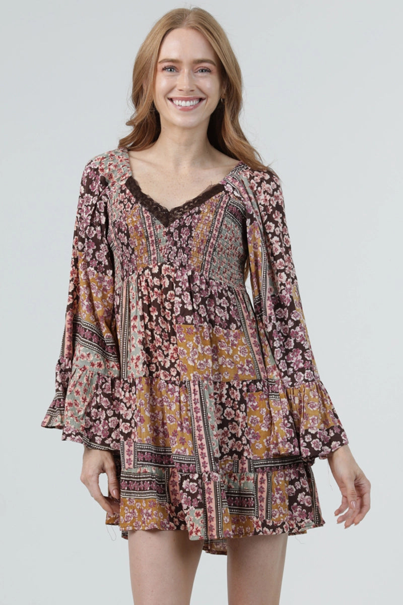 boho bell sleeve mini dress Smocked Patchwork – Modern Millie Size:child-14 57 Bust Long A-Line Light Blue low-back