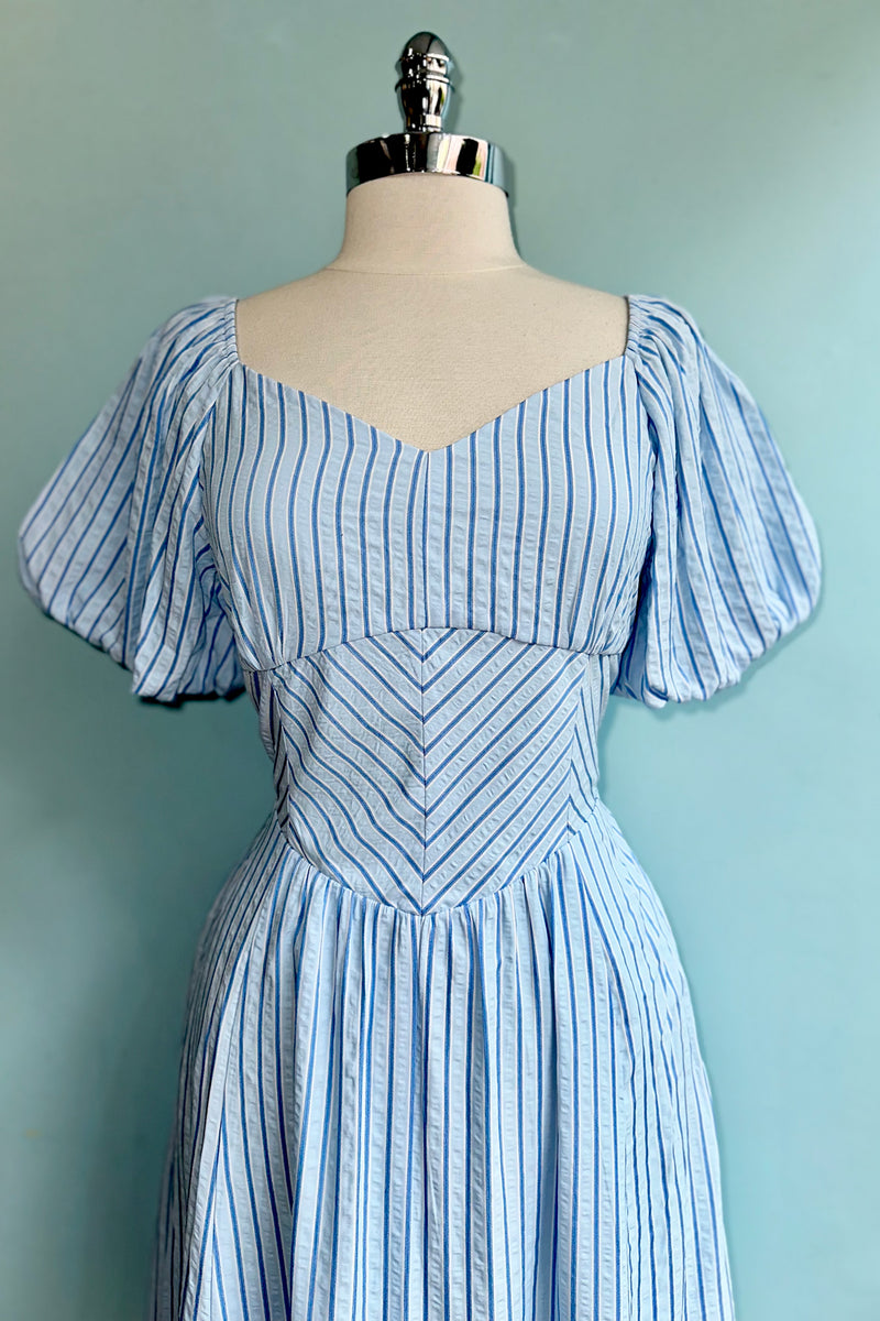 clo puff sleeve midi dress blue stripe Light Blue Puff Sleeve Tie Back Midi Dress – Modern Millie