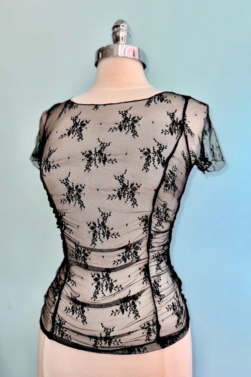 Black Ruched Short Sleeve Mesh Top