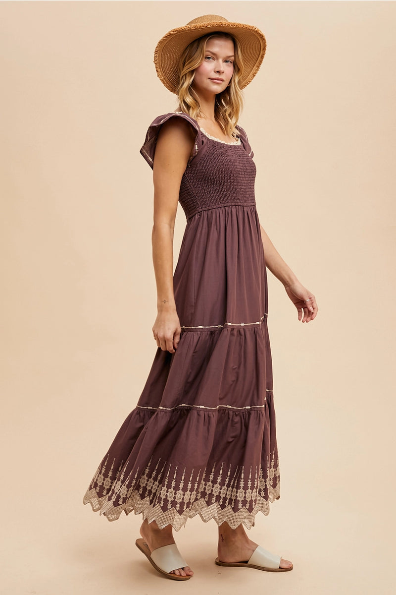 Flutter Sleeve Brown Smocked and Embroidered Maxi Dress