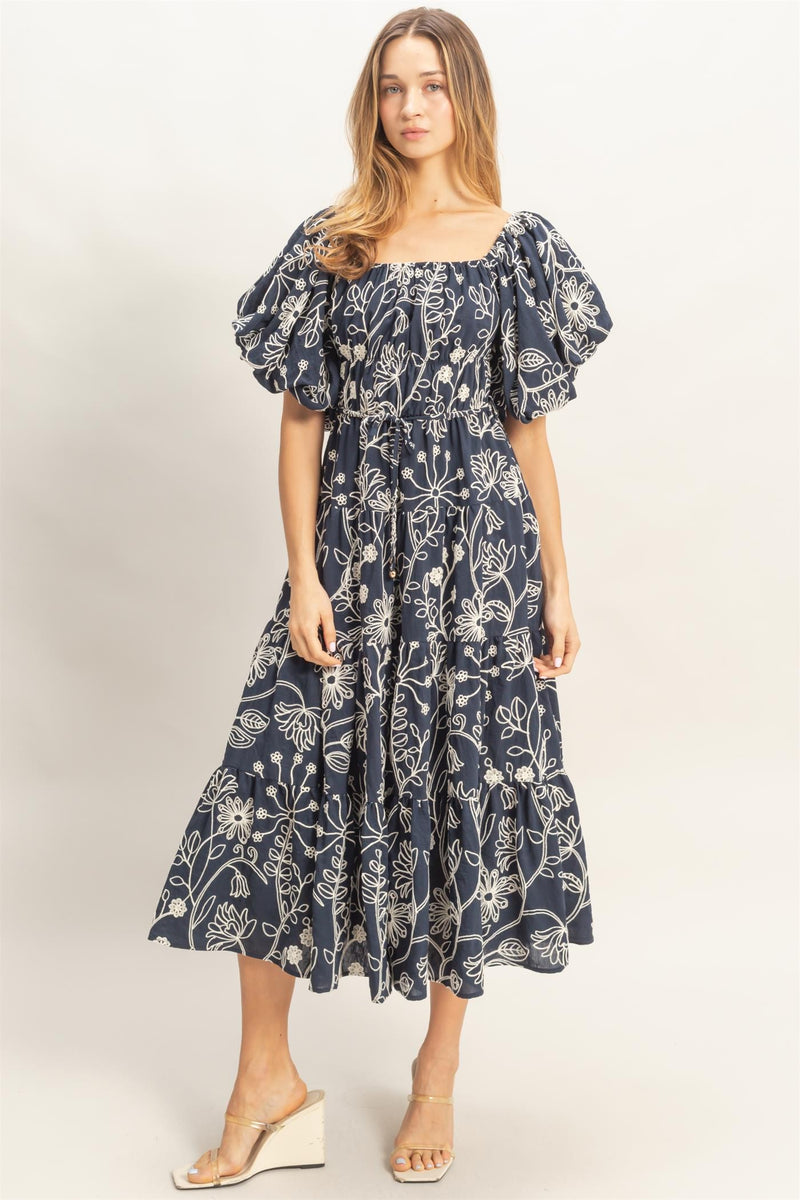 navy embroidered midi dress Navy Embroidered Puff Sleeve Midi Dress Small
