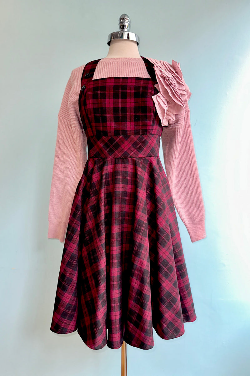 Burgundy Plaid Carmina Pinafore Dress by Hell Bunny