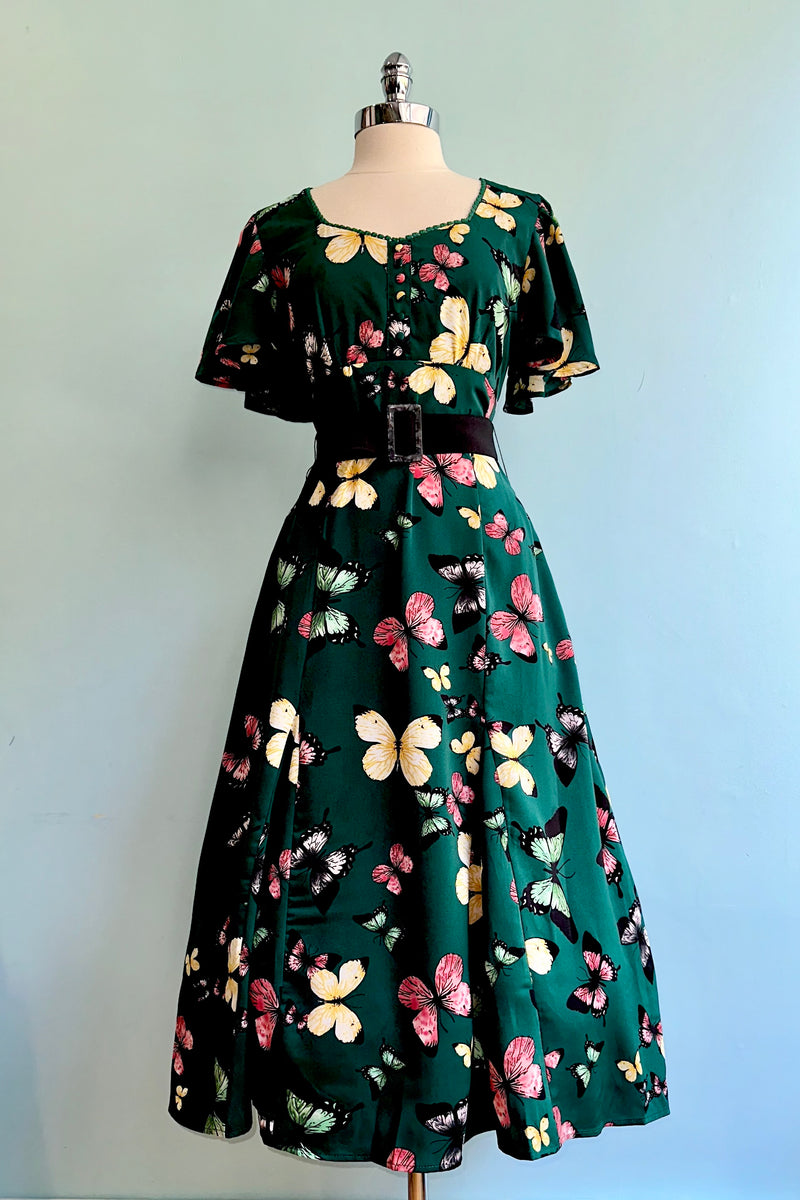 Teal Butterfly Flutter Sleeve Midi Dress