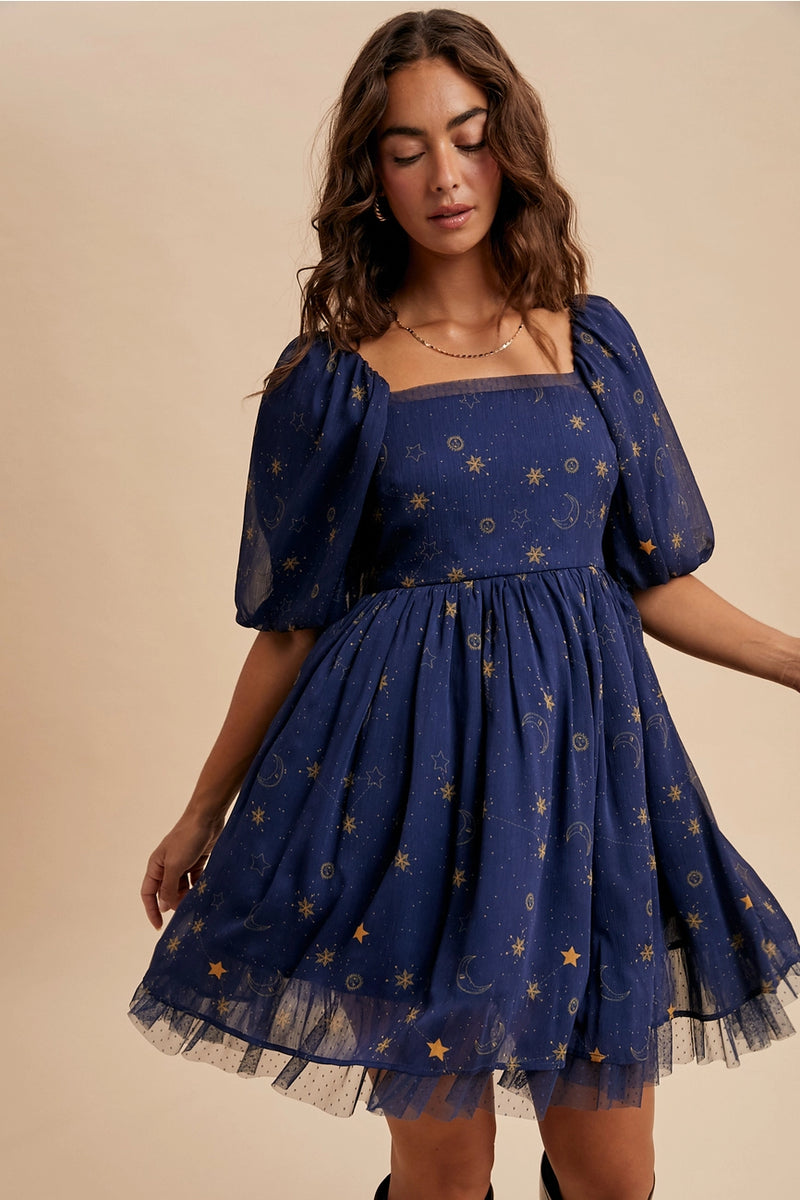 Puff Sleeve Celestial Mini Dress in Navy Small