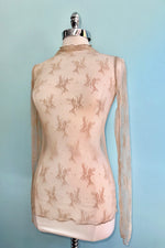 Beige Mesh Long Sleeve Mock Neck Sheer Top
