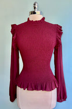 Burgundy Ruffled and Smocked Blouse by Molly Bracken