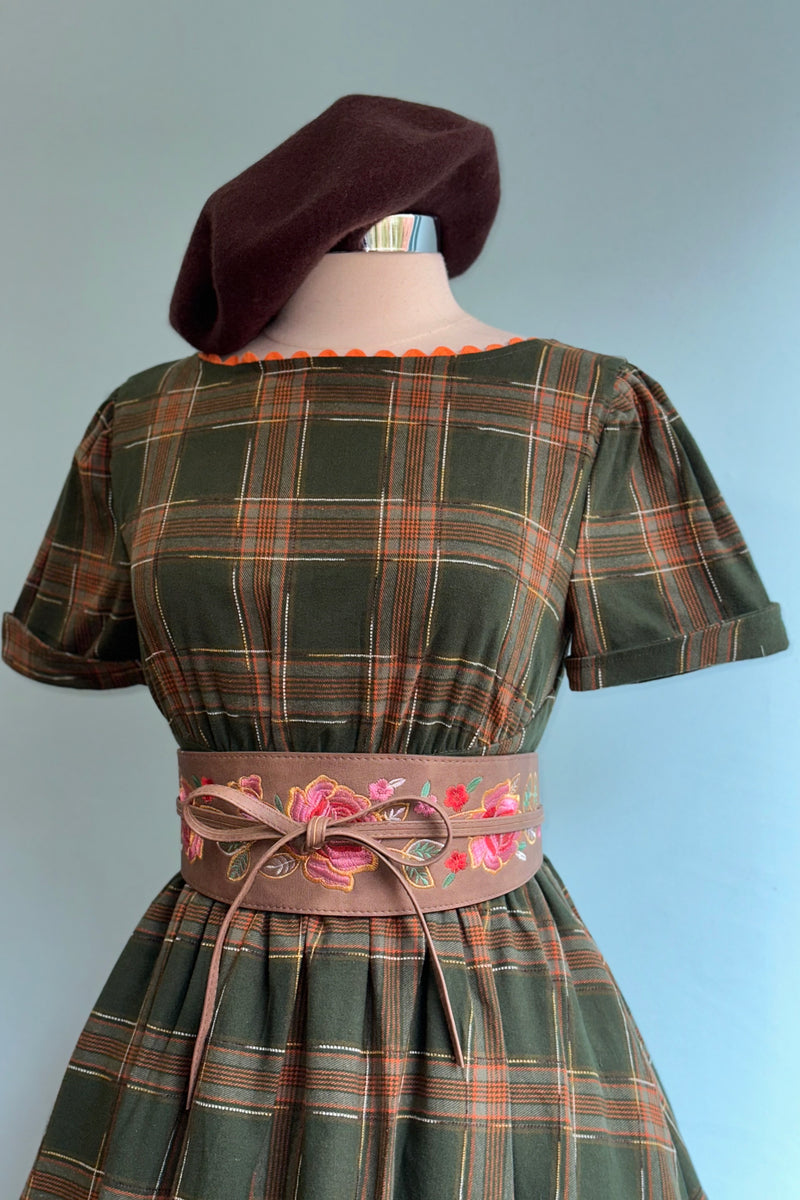 Green and Rust Plaid Short Sleeve Dress