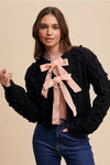 Black Pom Pom Cardigan with Pink Velvet Bows