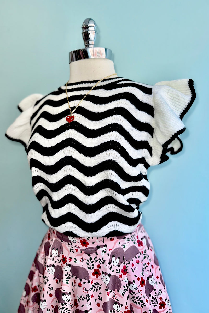 Black and Ivory Wave Ruffle Sleeveless Sweater