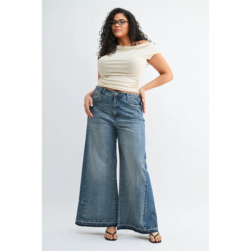 High Rise Tummy Tuck Wide Leg Contrast Panel Jeans by Mica Denim