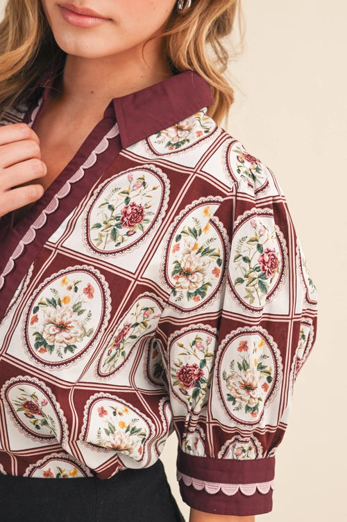 Floral Bouquet Scallop Trim Top