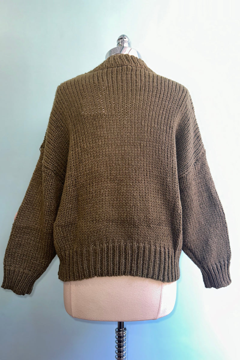 Olive Pullover Sweater with Large Flowers