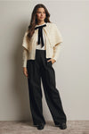 Cable Knit Capelet Cardigan with Velvet Bow in Ivory