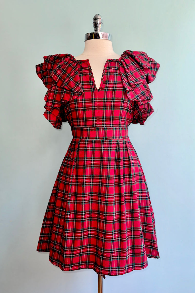 Red Plaid Ruffle Sleeve Wilma Mini Dress