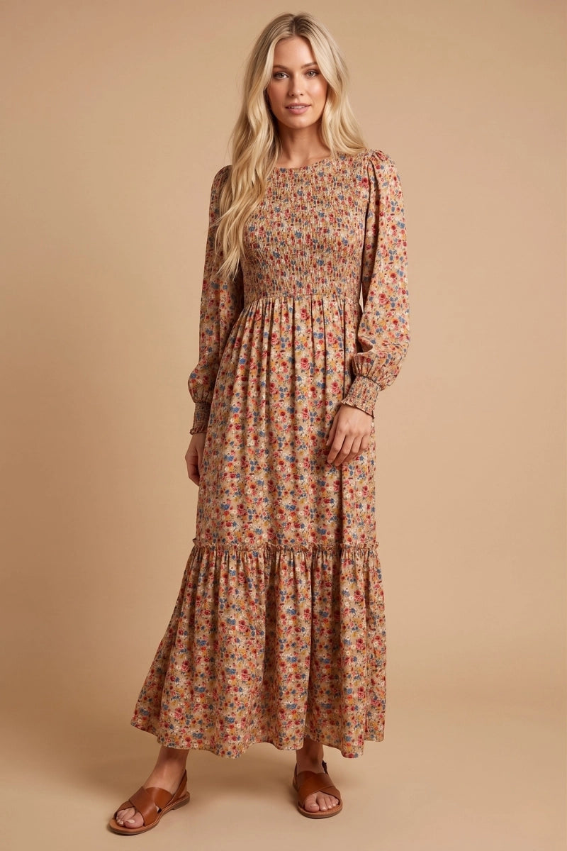 floral smocked maxi dress Toperth Blue Tie-Strap Toperth Short Sleeve Tropical Trance Fuchsia Floral Smocked