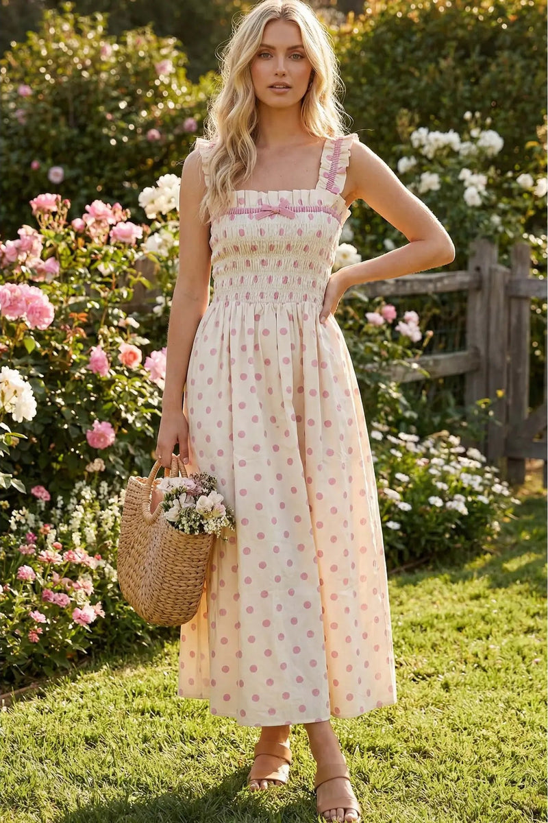 smocked sleeveless midi dress Pink Polka-Dot Smocked Sleeveless Midi Dress – Modern Millie